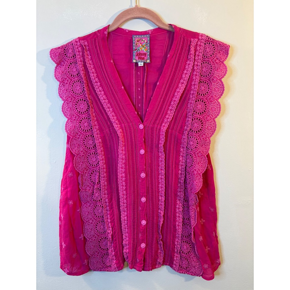 Johnny Was Hot Pink Eyelet Lace V Neck Blouse S Boho